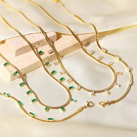 14K Flat Snake Chain Square Green/White Zirconia Necklace Bracelet Set for Women