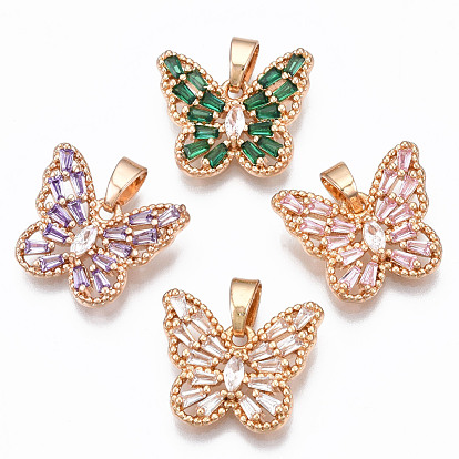 Brass Micro Cubic Zirconia Pendants, Cadmium Free & Nickel Free & Lead Free, Long-Lasting Plated, with Snap on Bails, Light Gold, Butterfly