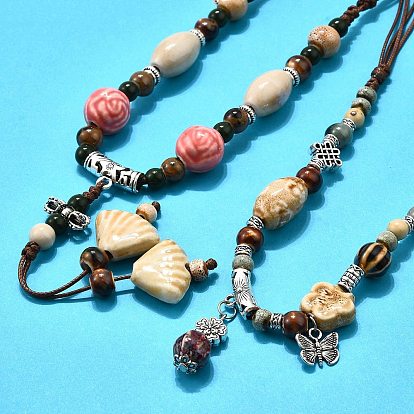 Этнический стиль сплав и фарфор керамические бусины подвеска кисточка и ожерелья, регулируемые вощеные ожерелья