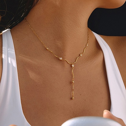 304 Цепочка-лариата из нержавеющей стали с прозрачными кубическими циркониями, плоская, круглая, волнистая, с звеньями в виде планок, для женщин