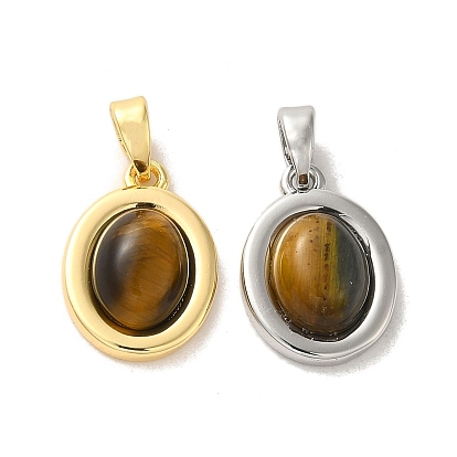 Natural Tiger Eye Pendants, Brass Oval Charms