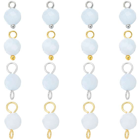 16 pièces 4 styles Breloques rondes en aigue-marine naturelle, pierre de naissance de mars et breloques connecteurs, ronde, avec les accessoires en laiton