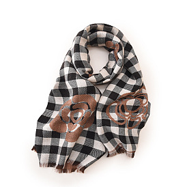 Foulard cache-cou en polyester à motif tartan et fleurs, écharpe d'hiver, grandes écharpes châle couverture à carreaux