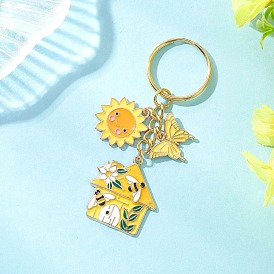 Брелоки из цинкового сплава с эмалью, с железными разрезными брелоками, Солнце с домом и бабочкой