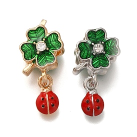 Rack Plating Alloy Crystal Rhinestone European Dangle Charms, Ladybug & Clover Large Hole Charms with Green & Red Enamel