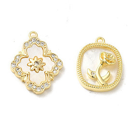 Brass Micro Pave Cubic Zirconia Pendants, with White Shell, Real 14K Gold Plated