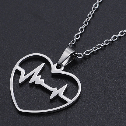 201 Stainless Steel Pendants Necklaces, with Cable Chains and Lobster Claw Clasps, Heart with Heartbeat