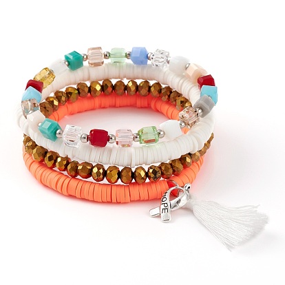 4Pcs 4 Styles Stretch Bracelets Sets, Stackable Bracelets, with Polymer Clay Heishi Beads, Glass Beads, Alloy Ribbon with Word Hope Pendants and Cotton Tassels