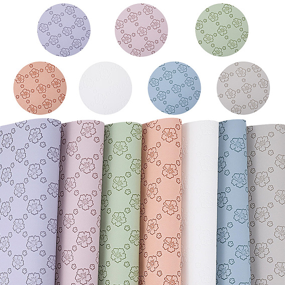 7Pcs 7 Colors PVC Imitation Leather Sheets, Rectangle with Flower Pattern