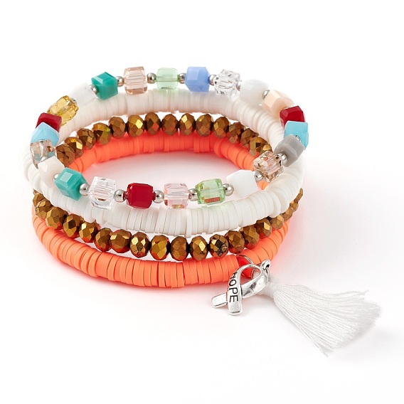 4Pcs 4 Styles Stretch Bracelets Sets, Stackable Bracelets, with Polymer Clay Heishi Beads, Glass Beads, Alloy Ribbon with Word Hope Pendants and Cotton Tassels