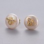Natural Pearl Stud Earrings, with Brass Micro Pave Cubic Zirconia Findings, Flat Round with Bees, Long-Lasting Plated, with Ear Nuts