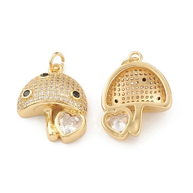 Eco-Friendly Brass Micro Pave Cubic Zirconia Pendants, with Jump Ring, Lead Free & Cadmium Free, Long-Lasting Plated, Mushroom with Heart Charm