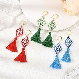 Glass Seed Beads & Brass Dangle Earrings for Women, Rhombus, Polycotton Tassel Earrings, Golden