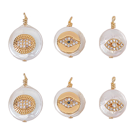 Natural Cultured Freshwater Pearl Pendants, with Brass Micro Pave Cubic Zirconia Findings, Nuggets with Evil Eye