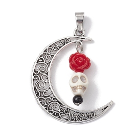 Halloween Synthetic Turquoise Skull Pendants, Alloy Hollow Moon Charms with Resin Rose, Antique Silver