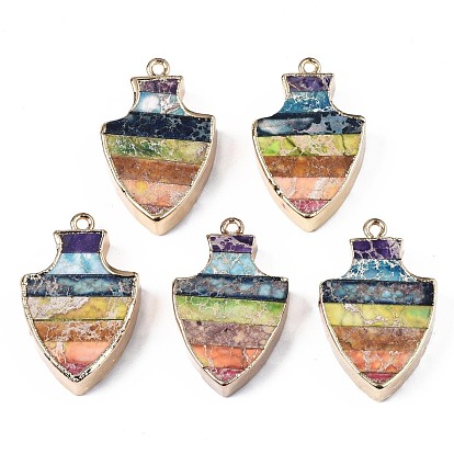 Rainbow Color Natural Imperial Jasper Pendants, with Golden Iron Loop and Edge, Dyed, Arrows