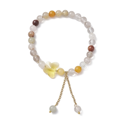 6mm Round Natural Rutilated Quartz Beaded Stretch Bracelets, Butterfly Glass Bracelets for Women