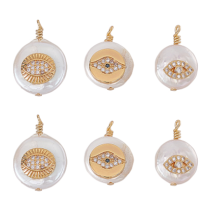 Natural Cultured Freshwater Pearl Pendants, with Brass Micro Pave Cubic Zirconia Findings, Nuggets with Evil Eye