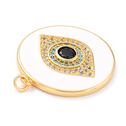 Real 18K Gold Plated Brass Micro Pave Cubic Zirconia Pendants, with Jump Ring and Enamel, Long-Lasting Plated, Flat Round with 
Evil Eye