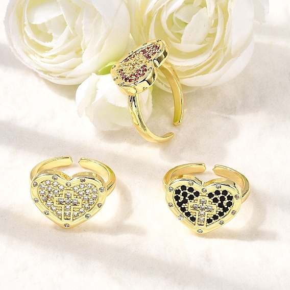 Манжеты из латуни с микро паве кубический цирконий для женщин, сердце и крест, реальный 18 k позолоченный, стойки покрытие, долговечный, без свинца и без кадмия