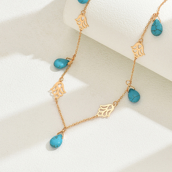 Нагрудные ожерелья-капли из натуральной бирюзы, латунные ожерелья с подвеской в виде руки хамса для женщин