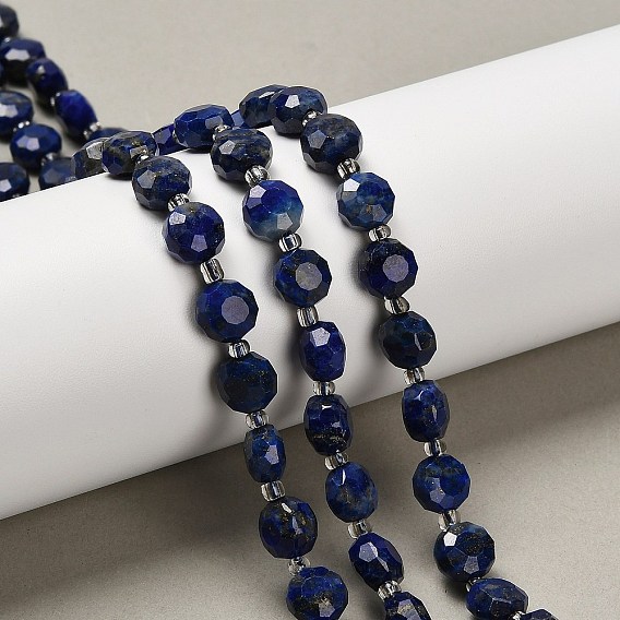 Нитки бусины из натурального ляписа-лазури, плоско-круглые, граненые, с бисером