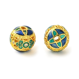 Rack Plating Brass Enamel Beads, Long-Lasting Plated, Lead Free & Cadmium Free, Round with Flower