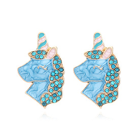 Sparkling Unicorn Earrings with Colorful Gems and Oil Drop Design for Women
