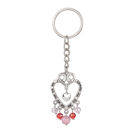 Alloy Heart & Glass Bead Pendant Keychain, with Iron Keychain Ring