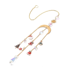 Christmas Theme Sun Catcher Glass Pendant Decorations, Artificial Crystal Hanging Ornament, with Brass and Iron Findings & Alloy Enamel Charms, Moon