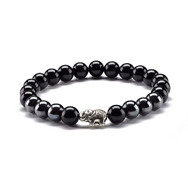 Natural Obsidian & Non-Magnetic Synthetic Hematite Round Beads Energy Stretch Bracelet for Men Women, Elephant Alloy Bracelet