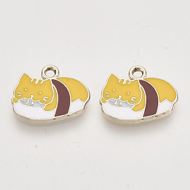 Alloy Enamel Kitten Pendants, Light Gold, Cat with Sushi Shape