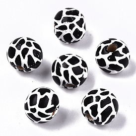 Printed Natural Wooden Beads, Round with Cow Pattern