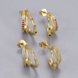 Brass Micro Pave Cubic Zirconia Stud Earrings, Half Hoop Earrings, Split Earrings, with Ear Nut, Long-Lasting Plated, Real 18K Gold Plated
