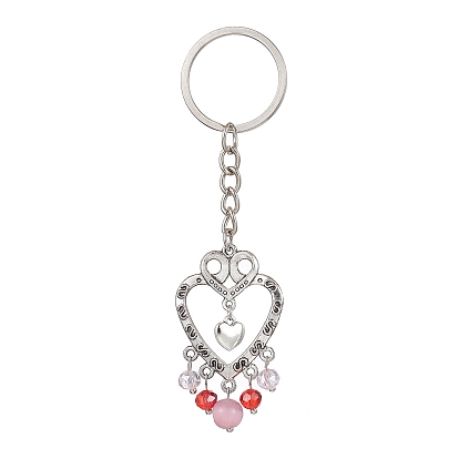 Alloy Heart & Glass Bead Pendant Keychain, with Iron Keychain Ring