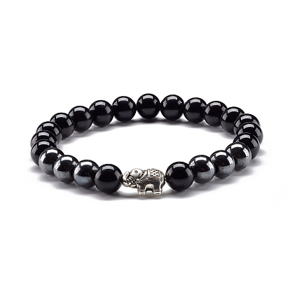 Natural Obsidian & Non-Magnetic Synthetic Hematite Round Beads Energy Stretch Bracelet for Men Women, Elephant Alloy Bracelet