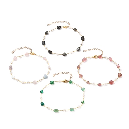 Nuggets Natural Gemstone Beaded Anklets, with Glass Beads, Brass Cable Chains and 304 Stainless Steel Lobster Claw Clasps