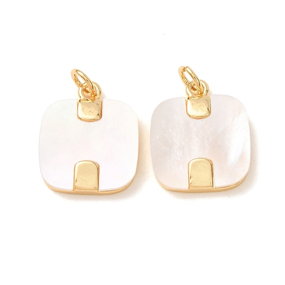 Brass with White Shell Pendants, Square Charms, Rack Plating, Long-Lasting Plated, Lead Free & Cadmium Free