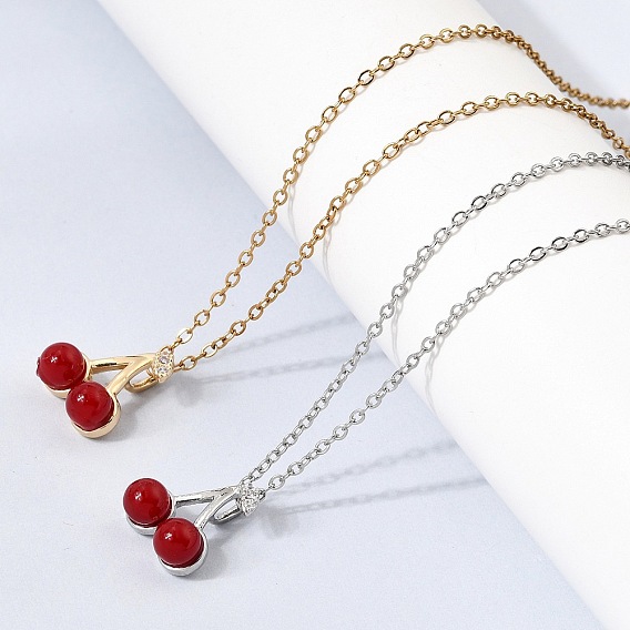 Подвеска из латуни с микропаве из прозрачных кубических цирконий и смолы в виде красной вишни 304 цепочка из нержавеющей стали для женщин