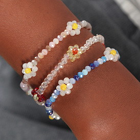 Bohemian Crystal Flower Bracelet Set - 3 Pieces, Beaded Charm Bracelets for Women