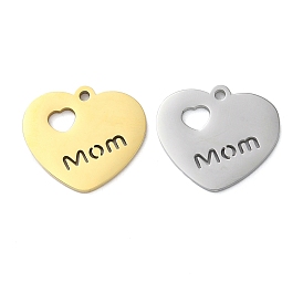 304 Stainless Steel Pendants, Laser Cut, Heart with Word Mom Charm