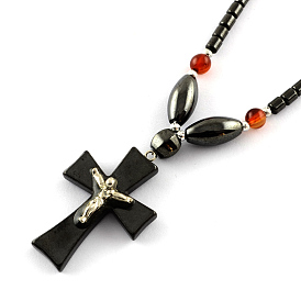 Non-Magnetic Synthetic Hematite Beaded Necklaces, with Gemstone Beads and Brass Screw Clasps, Crucifix Cross, For Easter, 18.5 inch 