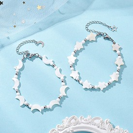 2 шт. браслеты из натуральных белых ракушек в виде звезд и луны, с латунными бусинами и 304 удлинителем цепочки из нержавеющей стали