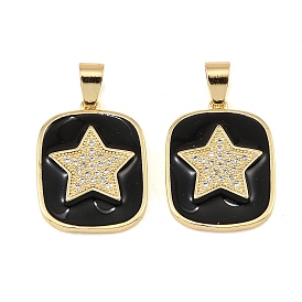 Brass Micro Pave Clear Cubic Zirconia Pendants, with Black Enamel, Rectangle with Star Charms
