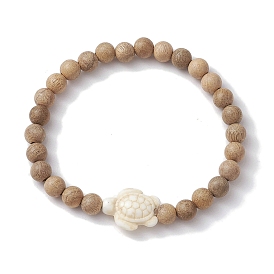 Beach Tortoise Synthetic Turquoise Bracelets, 6mm Wood Round Beaded Stretch Bracelets for Women