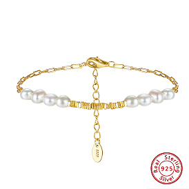 Natural Pearl Beaded Bracelet with 925 Sterling Silver Paperclip Chains