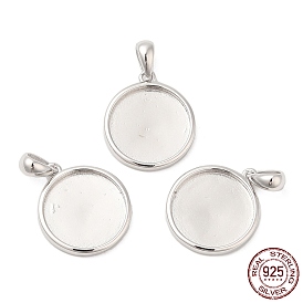 925 Sterling Silver Pendant Cabochon Settings, with 925 Stamp, Flat Round