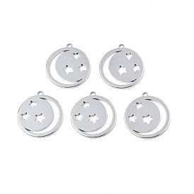 201 Stainless Steel Pendants, Flat Round with Star & Moon