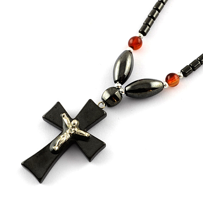 Non-Magnetic Synthetic Hematite Beaded Necklaces, with Gemstone Beads and Brass Screw Clasps, Crucifix Cross, For Easter, 18.5 inch 