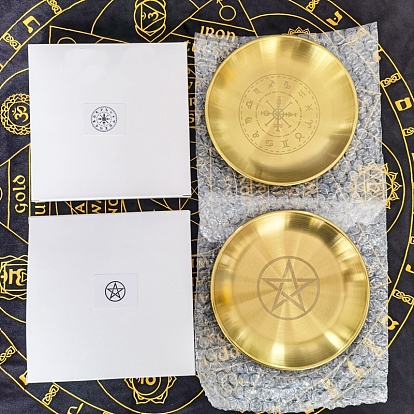 201 Stainless Steel Candle Holder, Tarot Theme Tealight Tray, for Witchcraft Wiccan Altar Supplies, Flat Round with Triple Moon/Goddess/Constellation/Metatron's Cube/Star Pattern